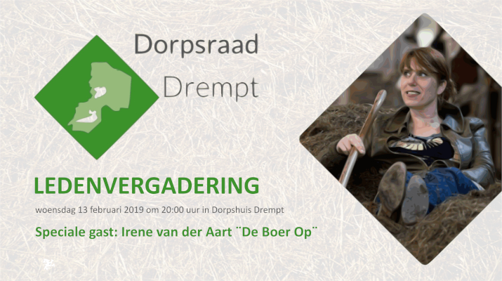 uitnodiging ledenvergadering 2019 Dorpsraad Drempt met speciale gast Irene van der Aart