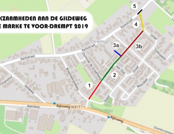 Werkzaamheden aan de Gildeweg en De Marke (2e update) plattegrond met overzicht werkzaamheden aan de Gildeweg en De Marke in Voor-Drempt in 2019