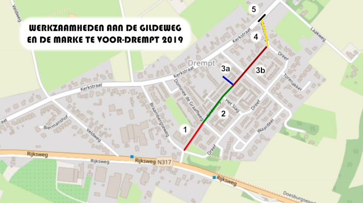 plattegrond met overzicht werkzaamheden aan de Gildeweg en De Marke in Voor-Drempt in 2019