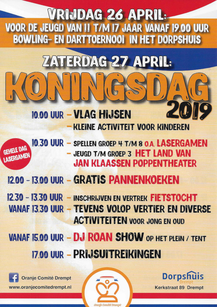 flyer met festiviteiten in Drempt voor Koningsdag 2019