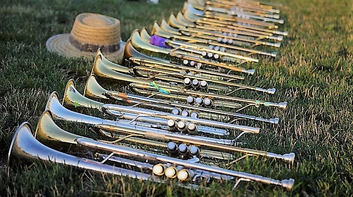 blaasinstrumenten op een rij in het gras