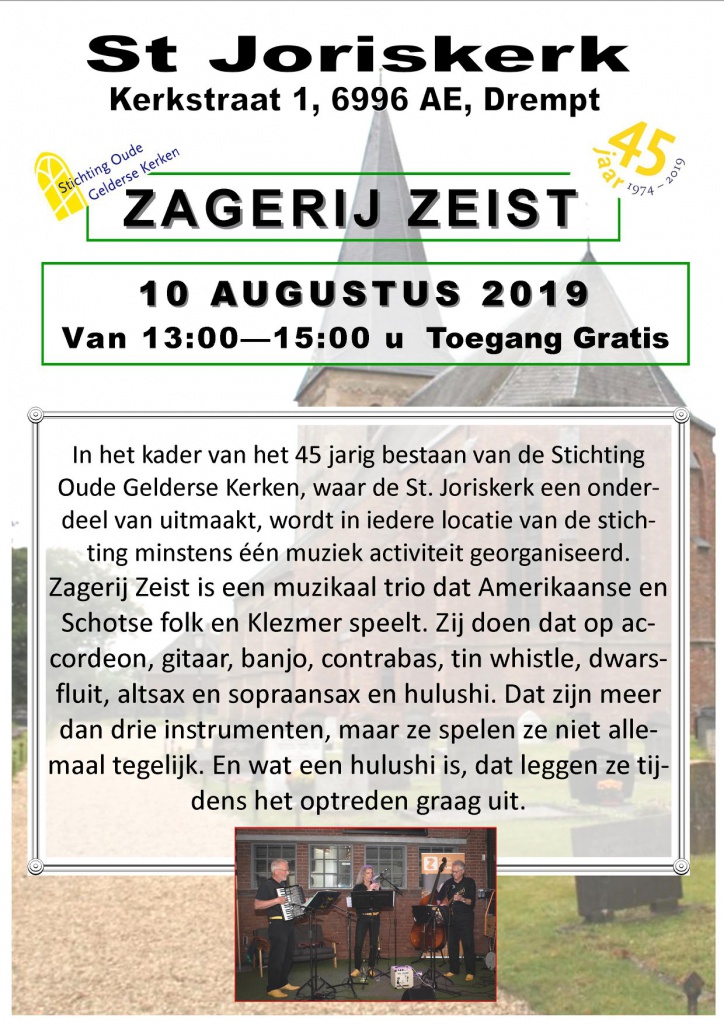 aankondiging optreden Zagerij Zeist in St. Joriskerk Drempt