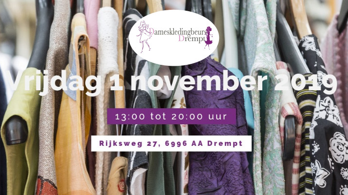 aankondiging dameskledingbeurs met kleren als achtergrondafbeelding