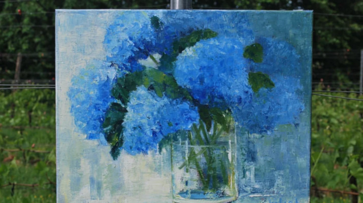 schilderij met blauwe bloemen